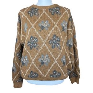 TOGETHER Vintage Womens Chunky Sweater Brown Argyle Floral Print Knit Pullover M